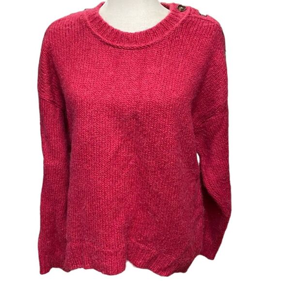J.Crew Size M Alpaca Wool Raspberry Red Shoulder Button Fuzzy Pullover Sweater - Picture 3 of 10